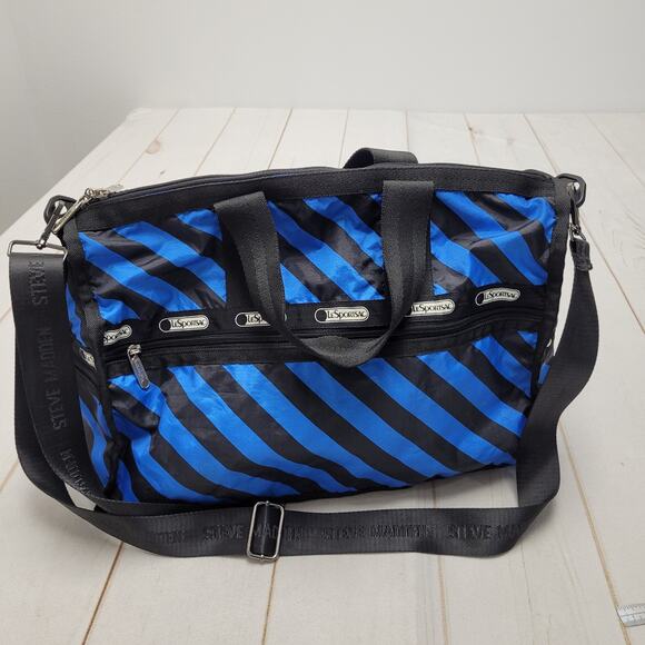 Lesportsac large black and blue striped duffle bag traveler overnighter - Picture 2 of 9